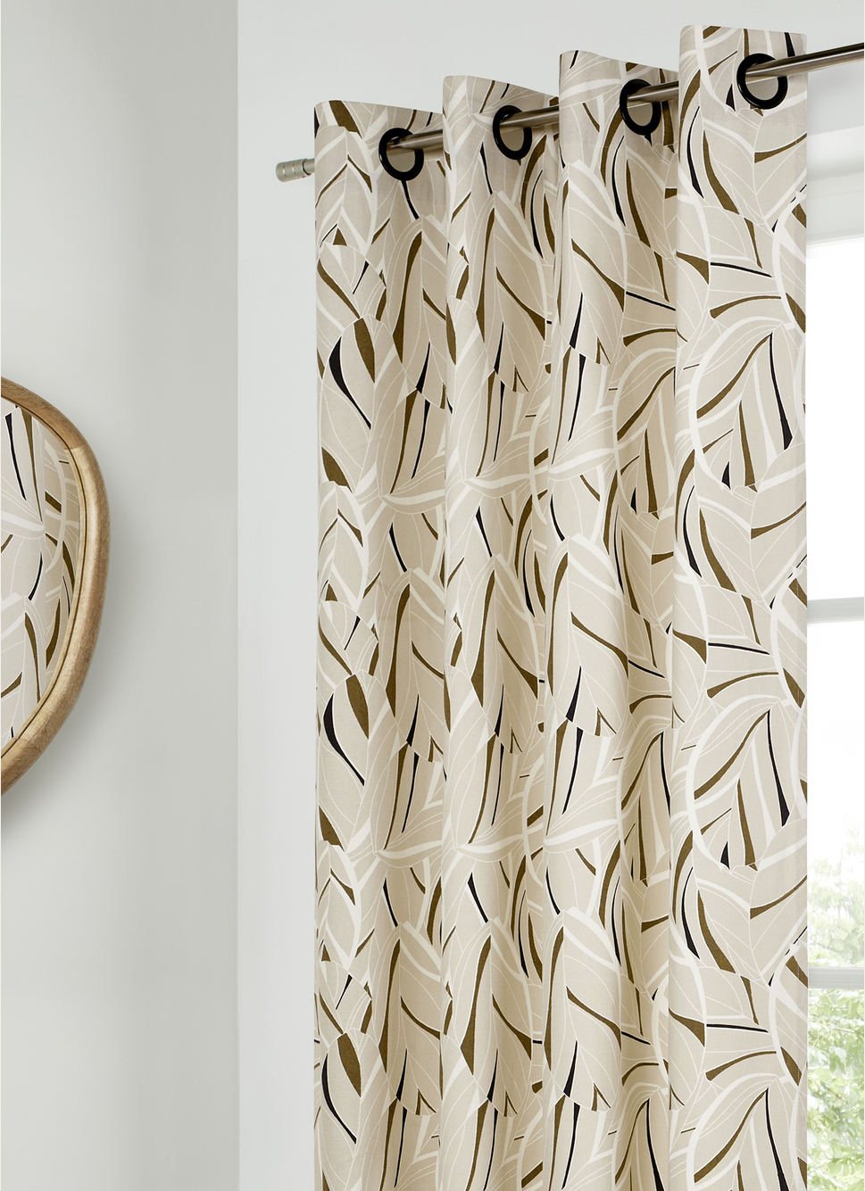 RIDEAU EN COTON IMPRIMÉ GRANDES FEUILLES BEIGE/MOCHA : Rideaux Bouchara