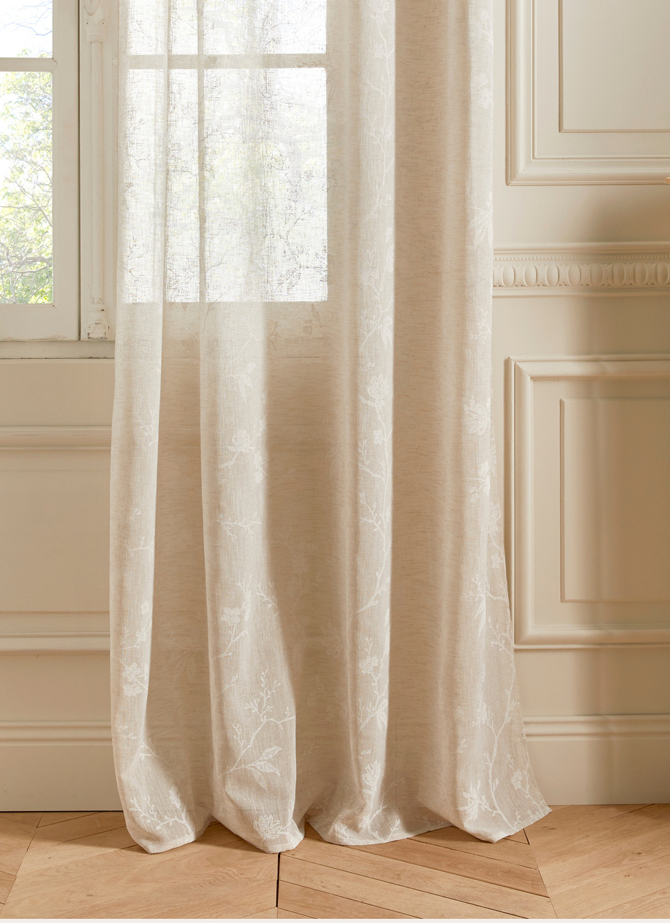 Tissu Voilage Vintage Imprimé Fleuri - 139x295 Cm - Fond Vieux Rose Pâle - Neuf