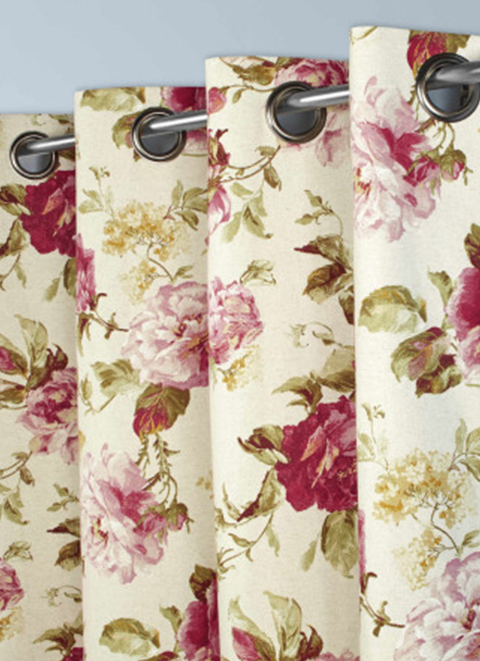 RIDEAU EN COTON ET LIN À MOTIFS FLEURS ROSE : Rideaux Bouchara